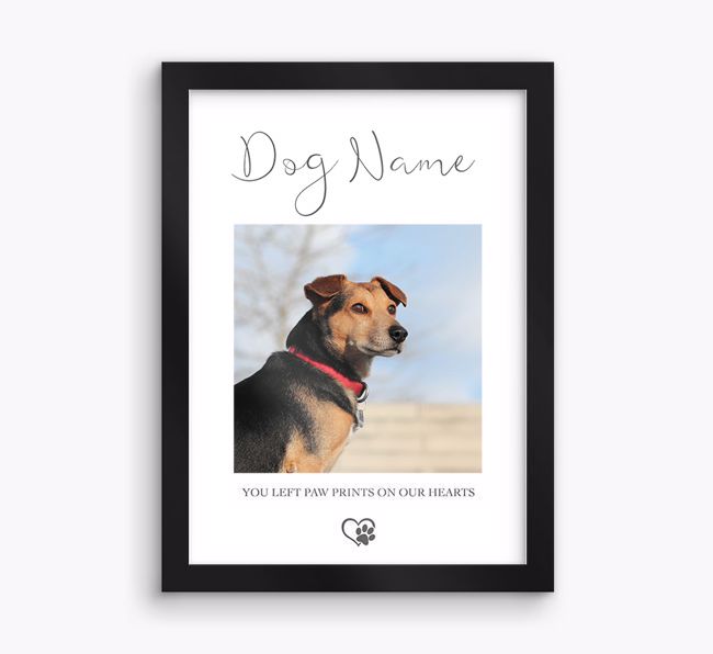 Paw prints on our hearts: {breedFullName} Personalised Photo Upload Framed Print 